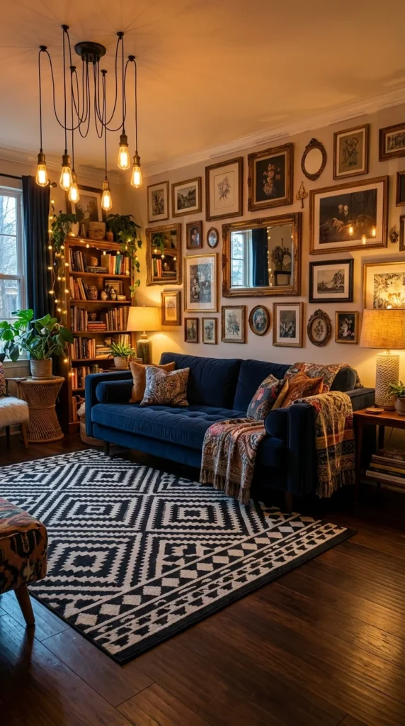 Navy sofa gallery wall living room