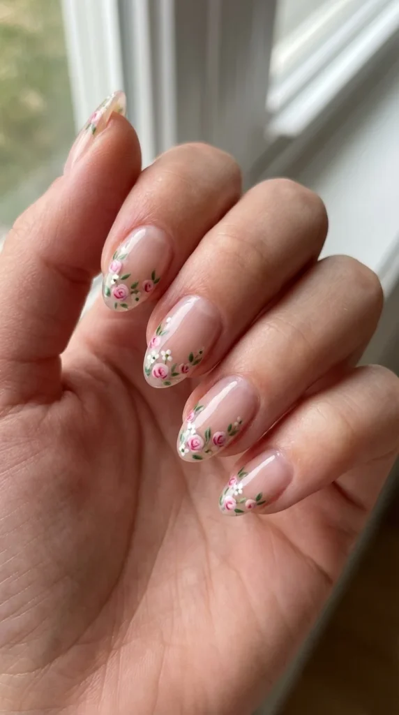 Negative space floral short spring nails