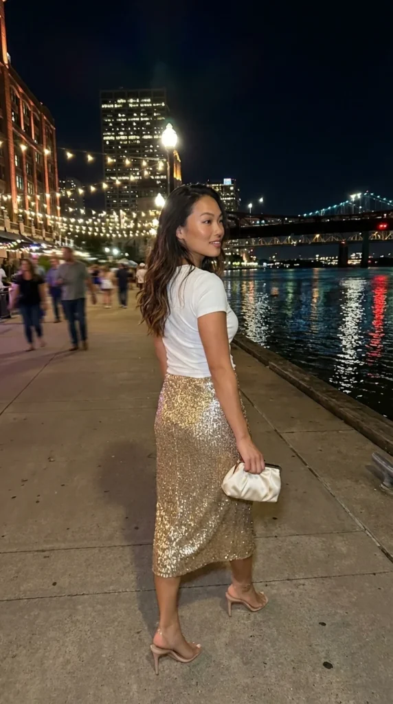New Orleans night out outfit sequin midi skirt