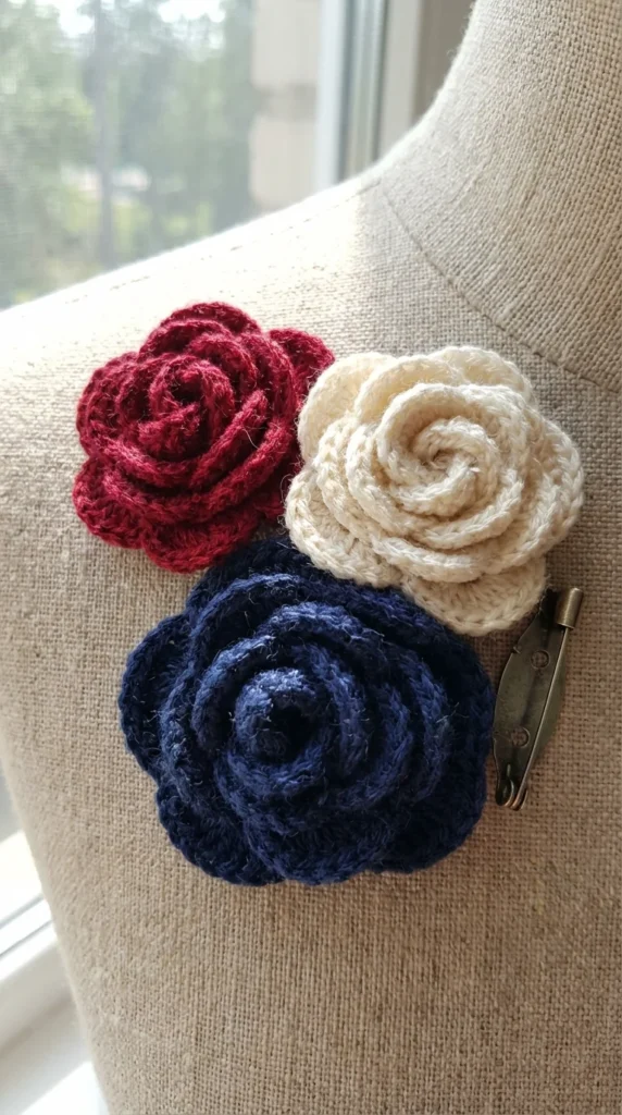Patriotic crochet rose brooches DIY