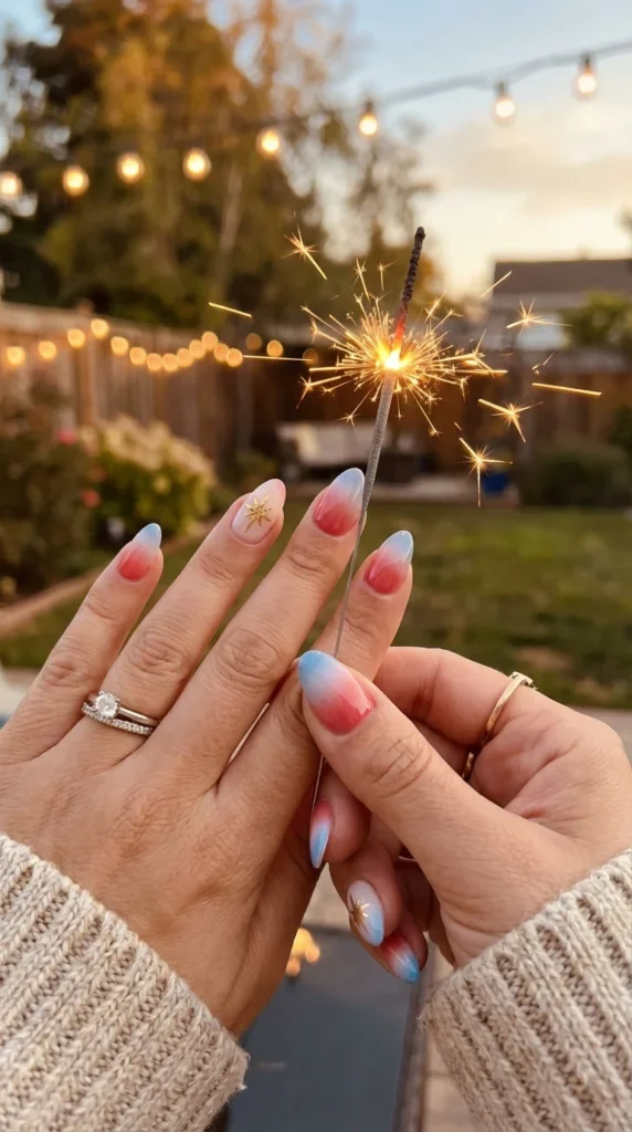 Patriotic ombré nails with gold starburst