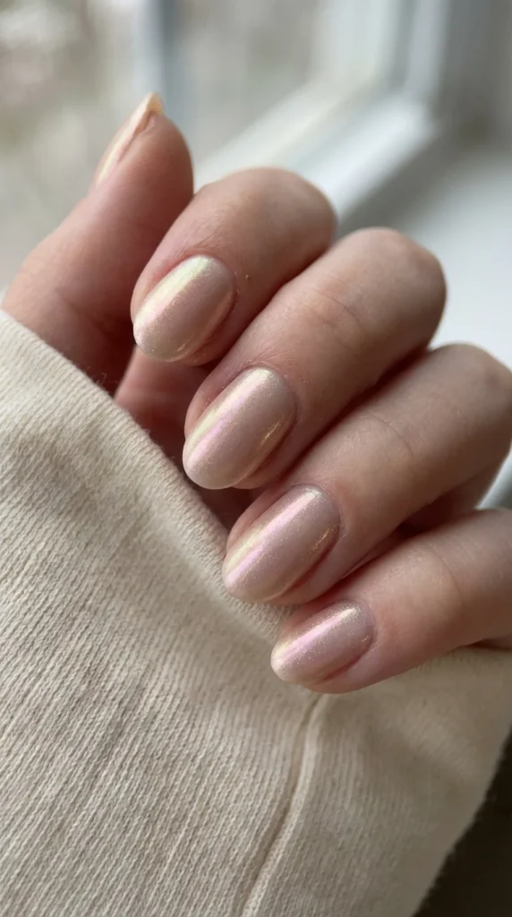 Pearl chrome nude short spring nails