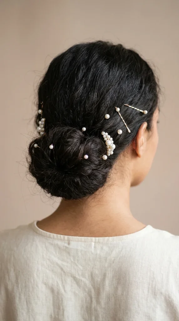 Pearl pin low bun concert hair