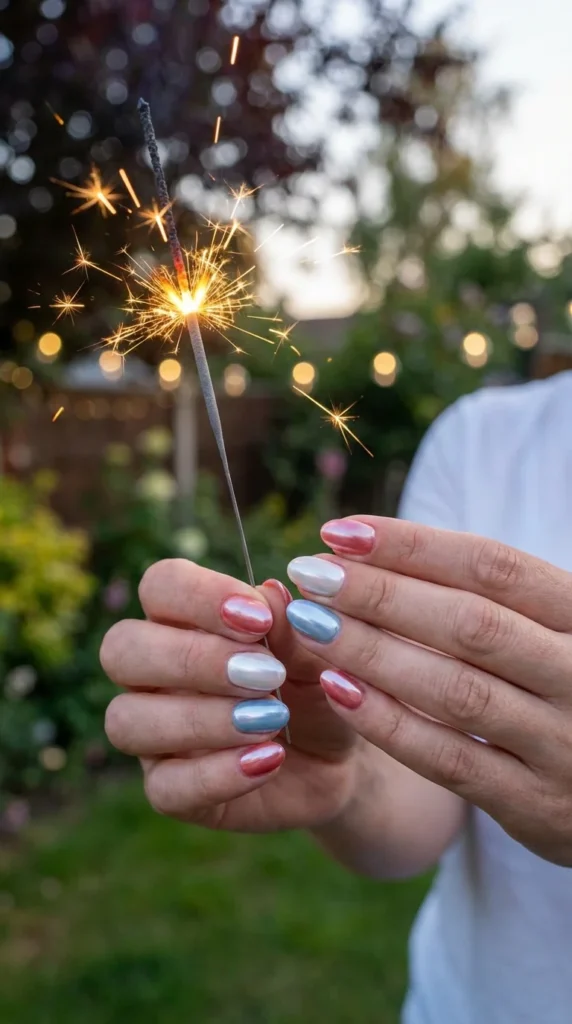 Pearlescent chrome patriotic nails