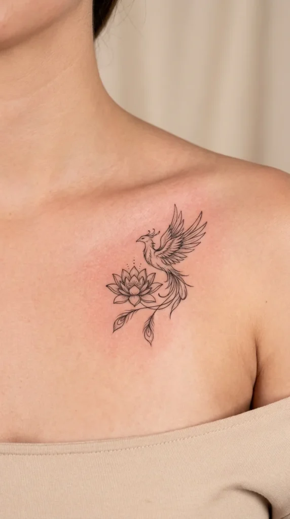 Phoenix lotus collarbone tattoo