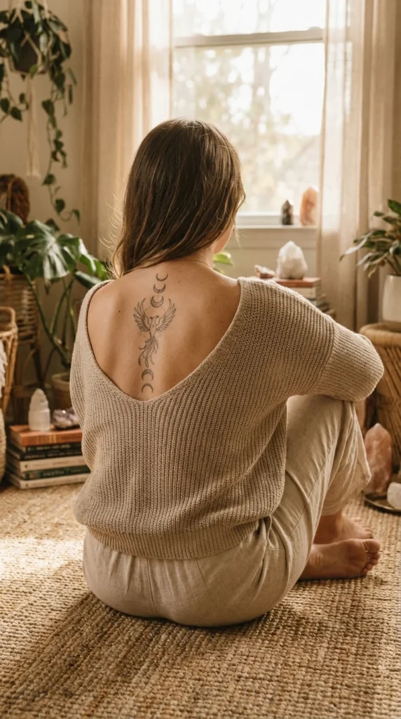 Phoenix moon phases spine tattoo