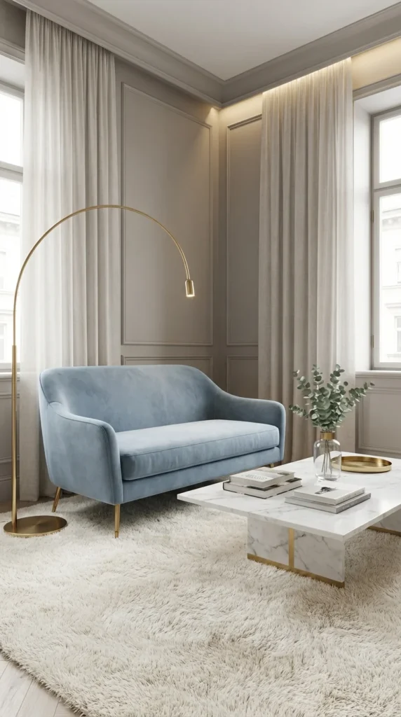 Powder blue loveseat brass accents