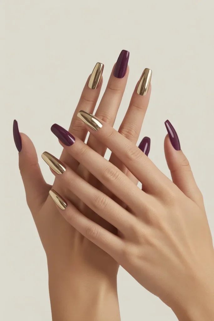 Purple Coffin Nails with Gold Chrome