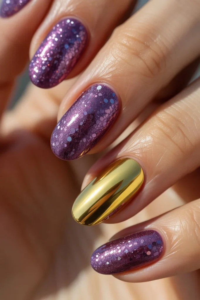 Purple Glitter Nails with Gold Accent