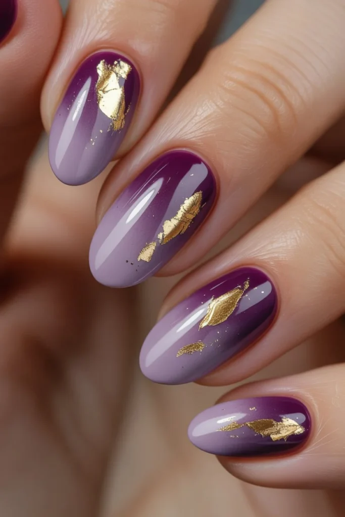 Purple Ombre Gold Foil Accents Nails