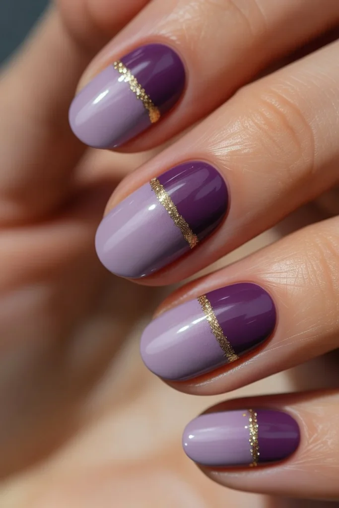 Purple ombre gold glitter line nails