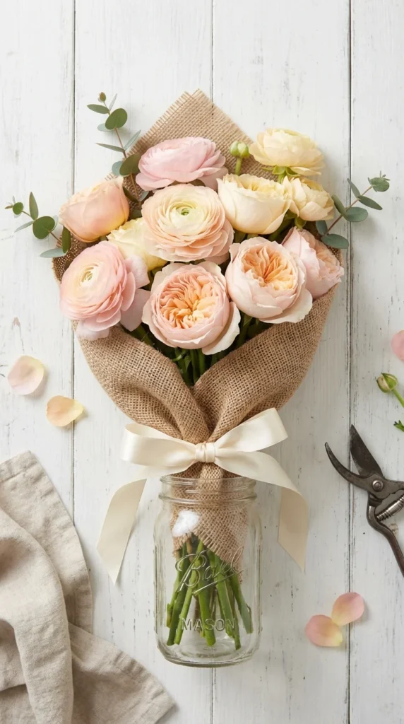 Ranunculus Easter bouquet burlap wrap