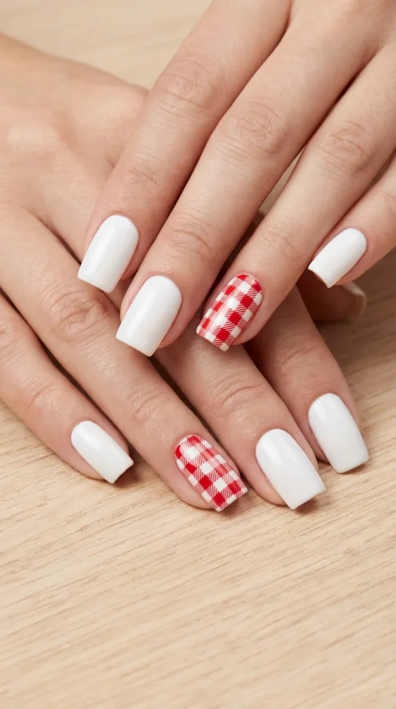 Red gingham accent 4th of July nails