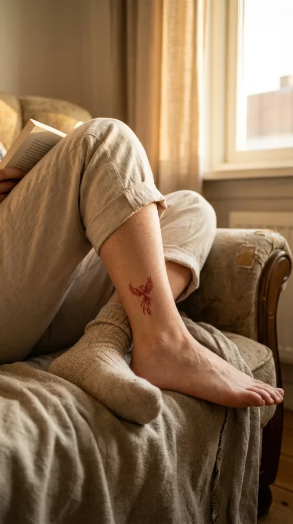 Red ink phoenix ankle tattoo