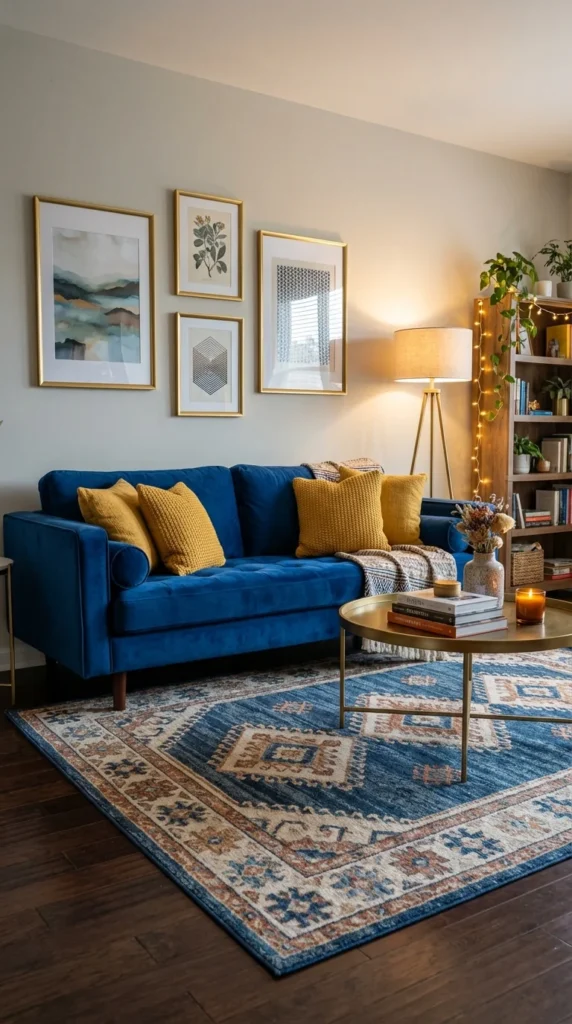 Royal blue couch with mustard pillows