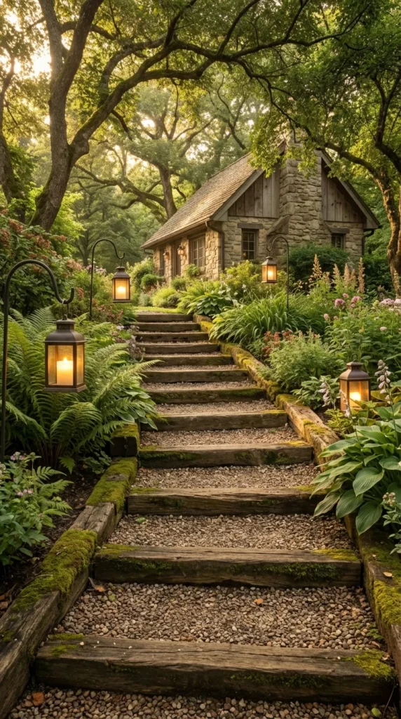 Rustic garden staircase log edged