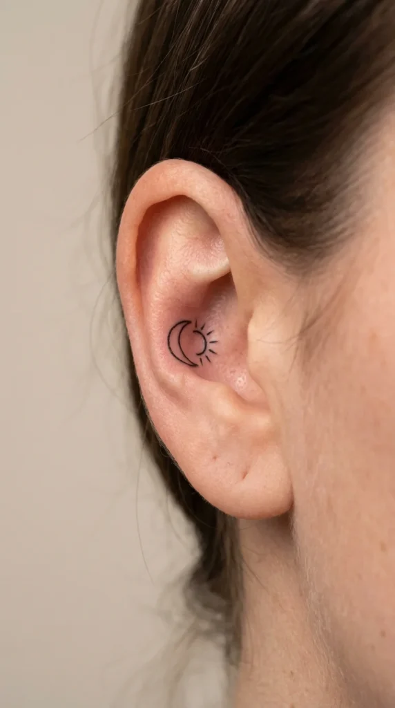Simple sun moon outline ear tattoo