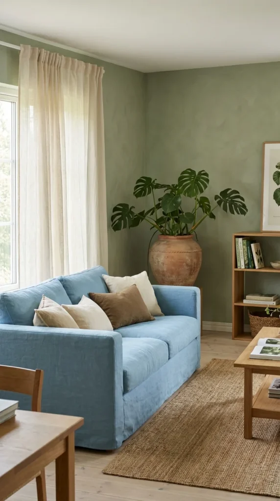 Sky blue sofa sage green walls