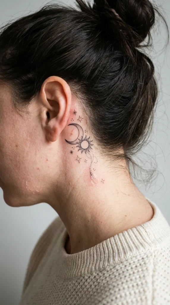 Sun moon stars ear neck tattoo