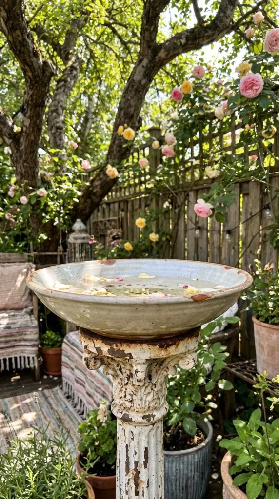 Upcycled lamp base bird bath