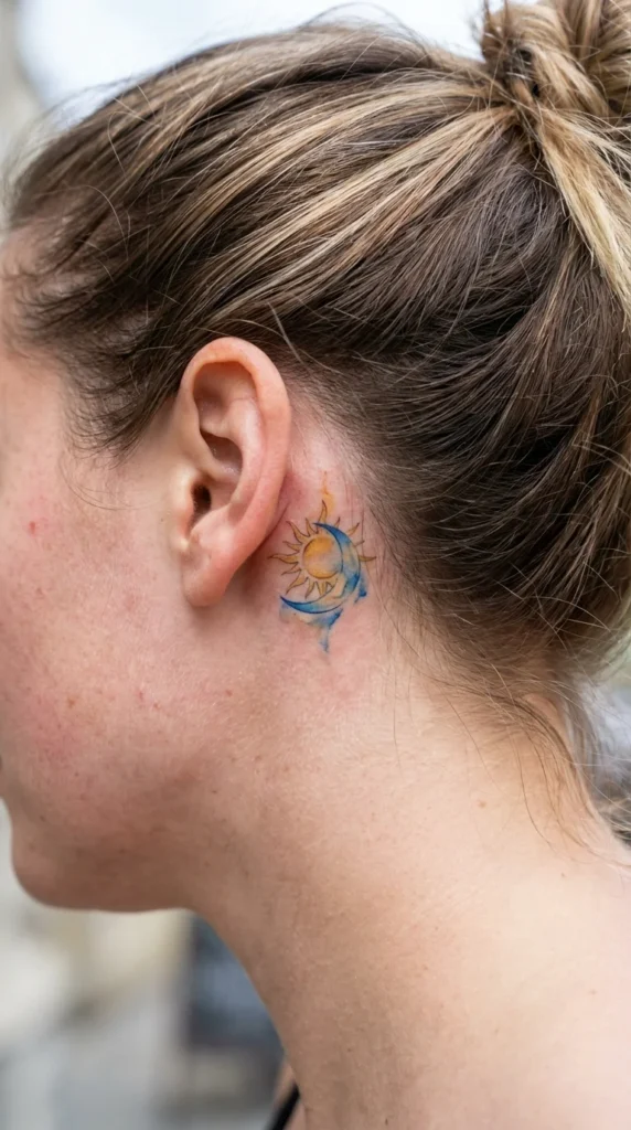 Watercolor sun moon ear tattoo