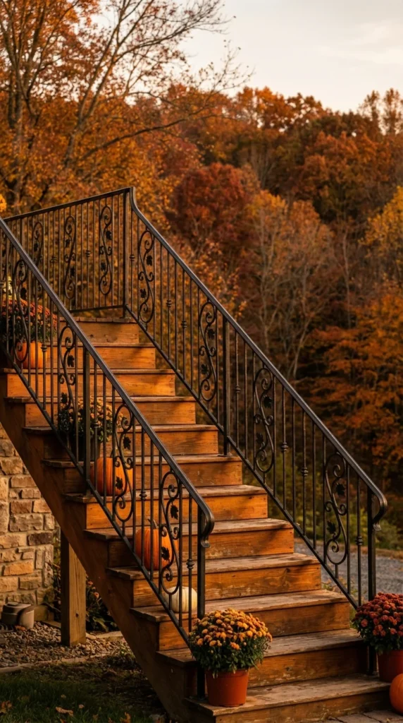 Wooden steps wrought iron railing