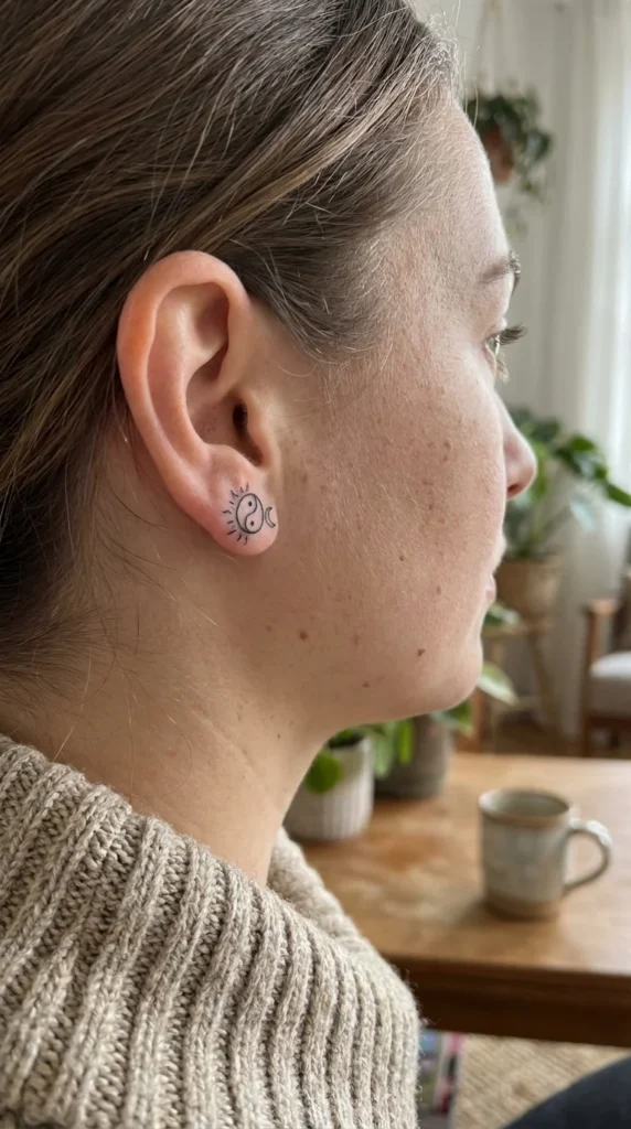 Yin yang sun moon earlobe tattoo
