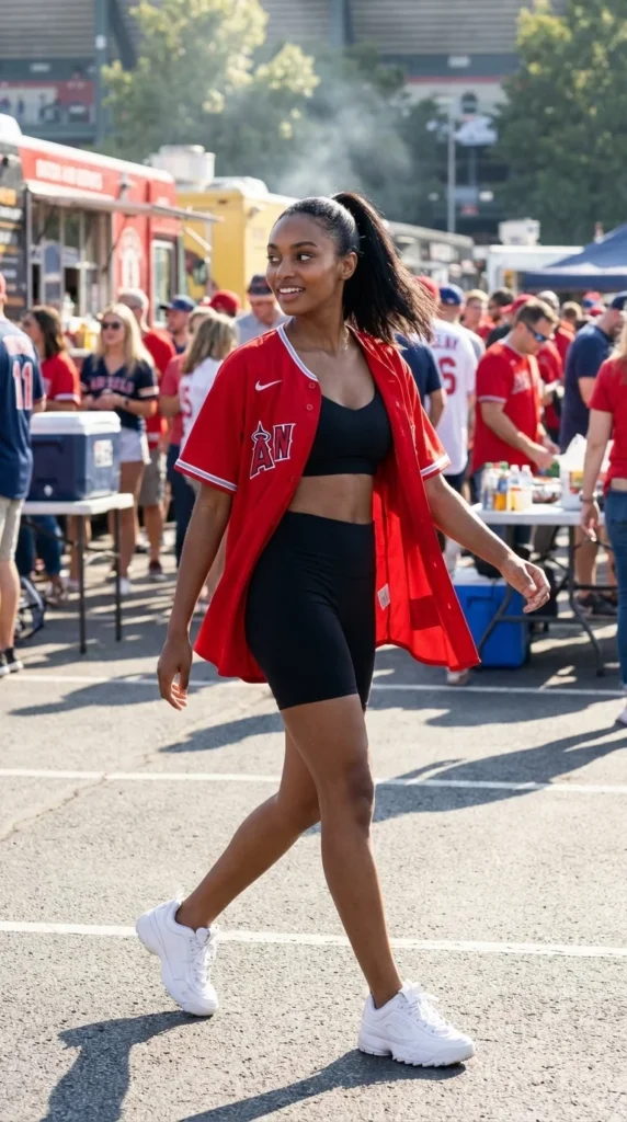 baseball jersey outfit women athleisure game day