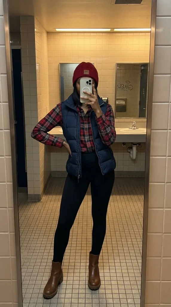 baseball mom outfit puffer vest flannel leggings