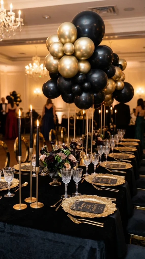 black and gold birthday party décor