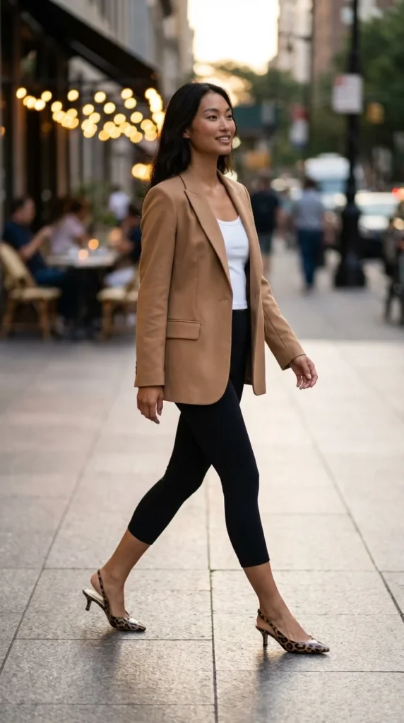 black capri leggings blazer outfit