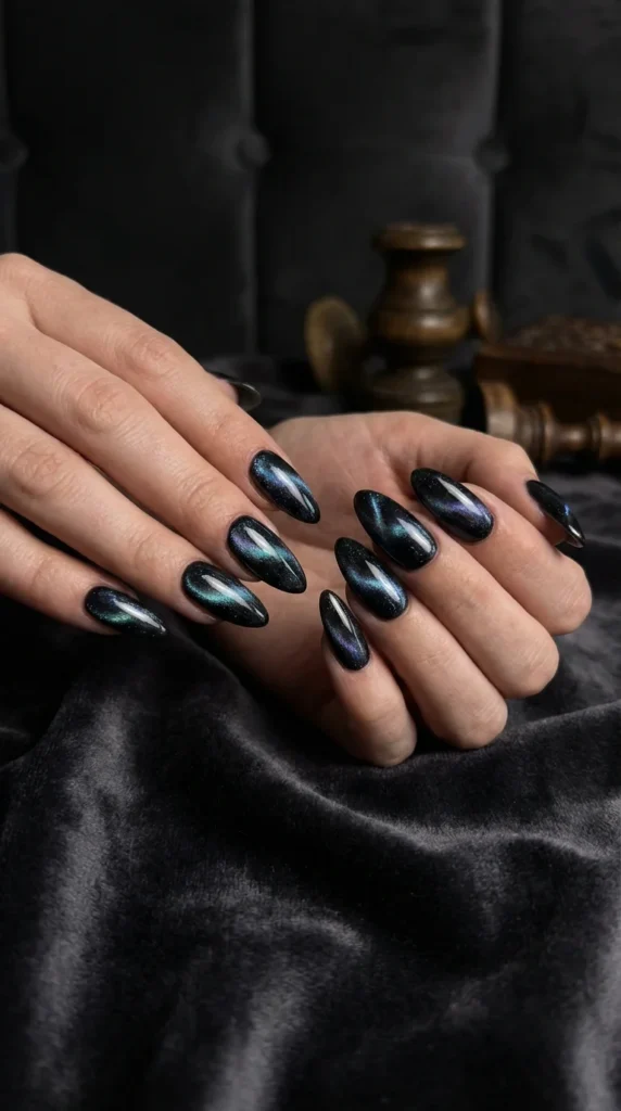 black cat eye almond nails