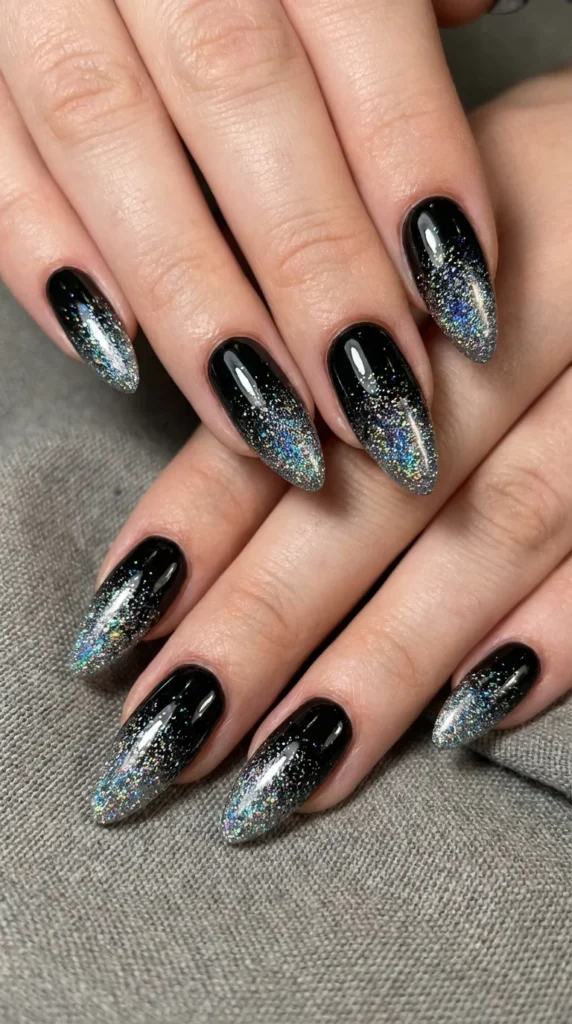 black glitter almond nails