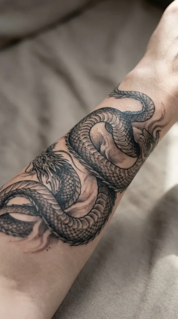 black grey dragon arm tattoo