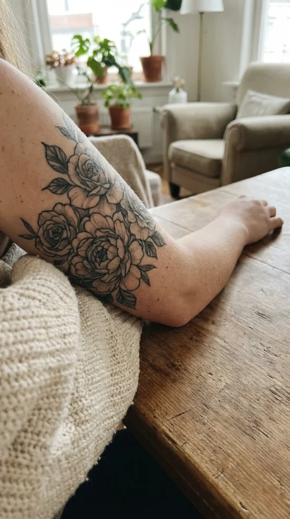 black grey floral arm tattoo