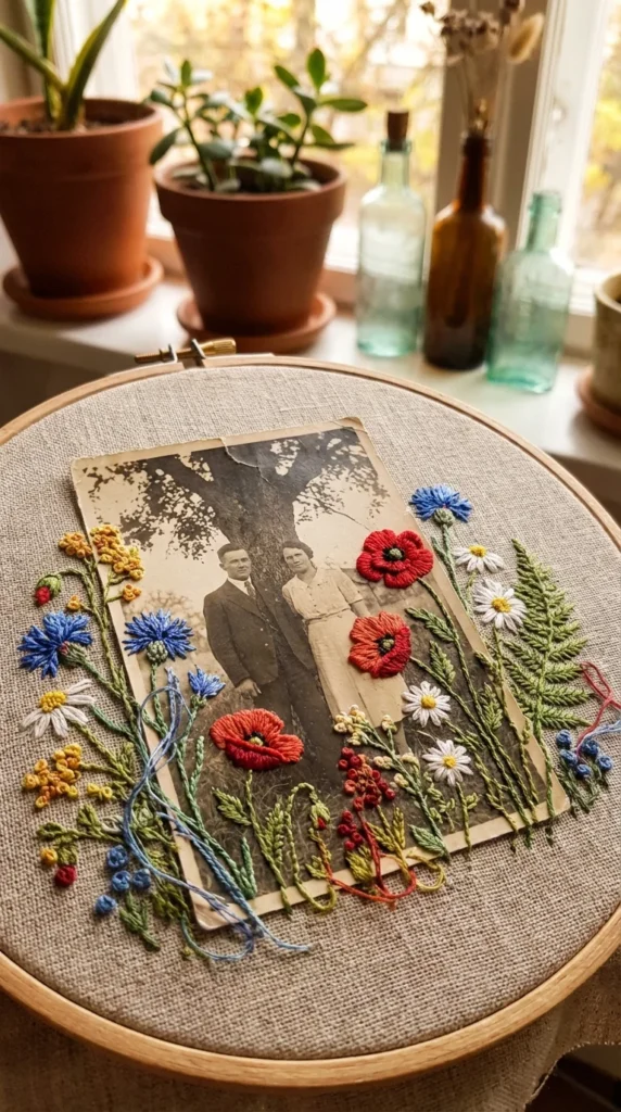 black white photo embroidery overlay art