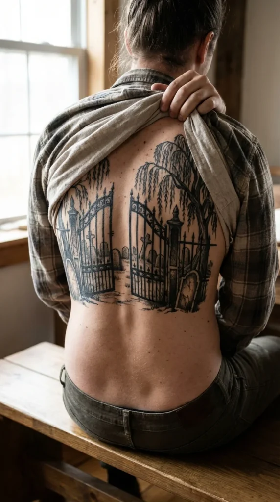 blackwork cemetery landscape back tattoo