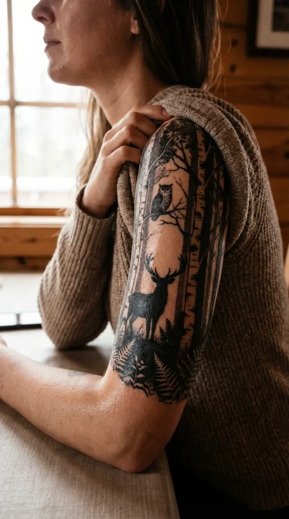 blackwork sleeve tattoo female forest