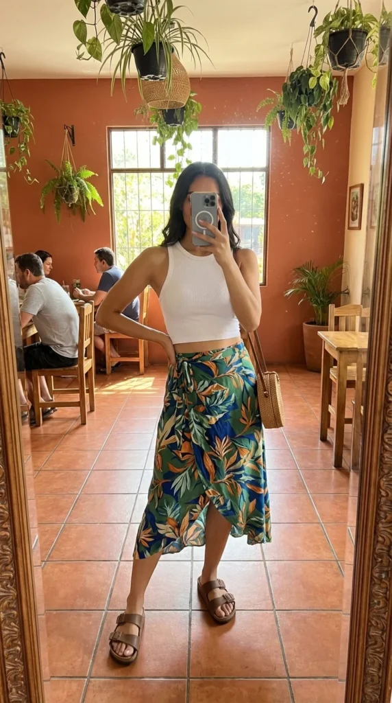 boho vacation outfit wrap midi skirt