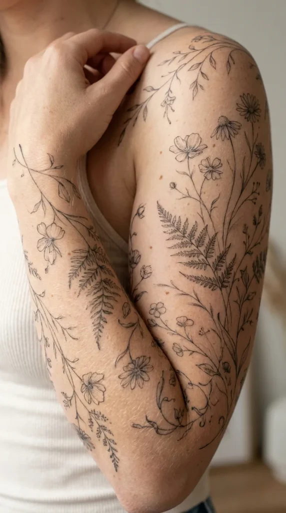 botanical full sleeve tattoo women