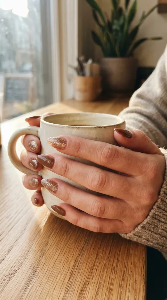 brown gold glitter gel nails
