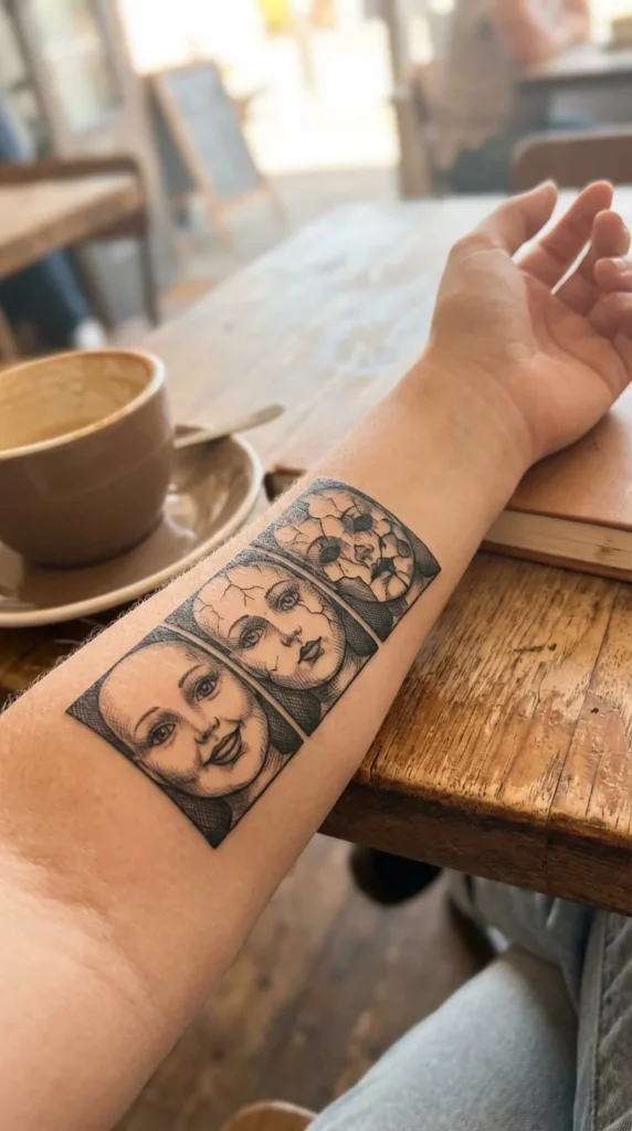 creepy doll triptych dark illustrative tattoo