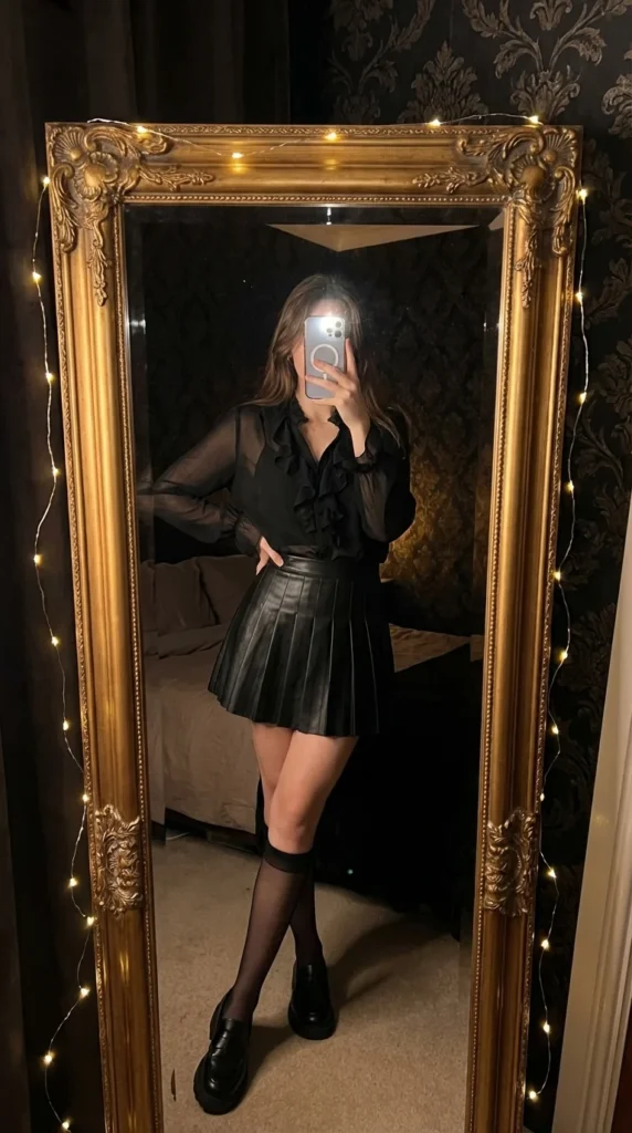 dark coquette school outfit mini skirt