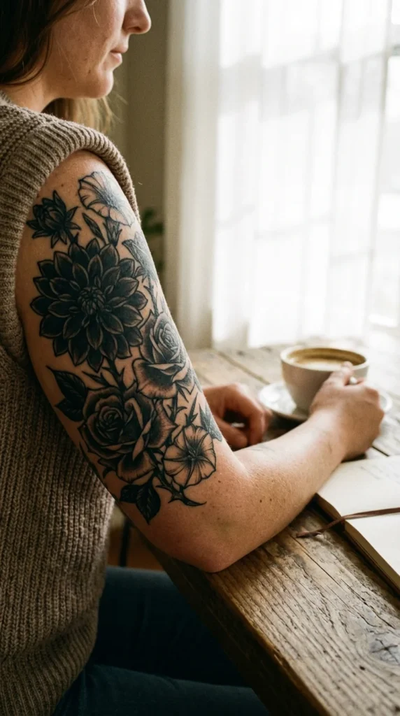 dark feminine sleeve tattoo women