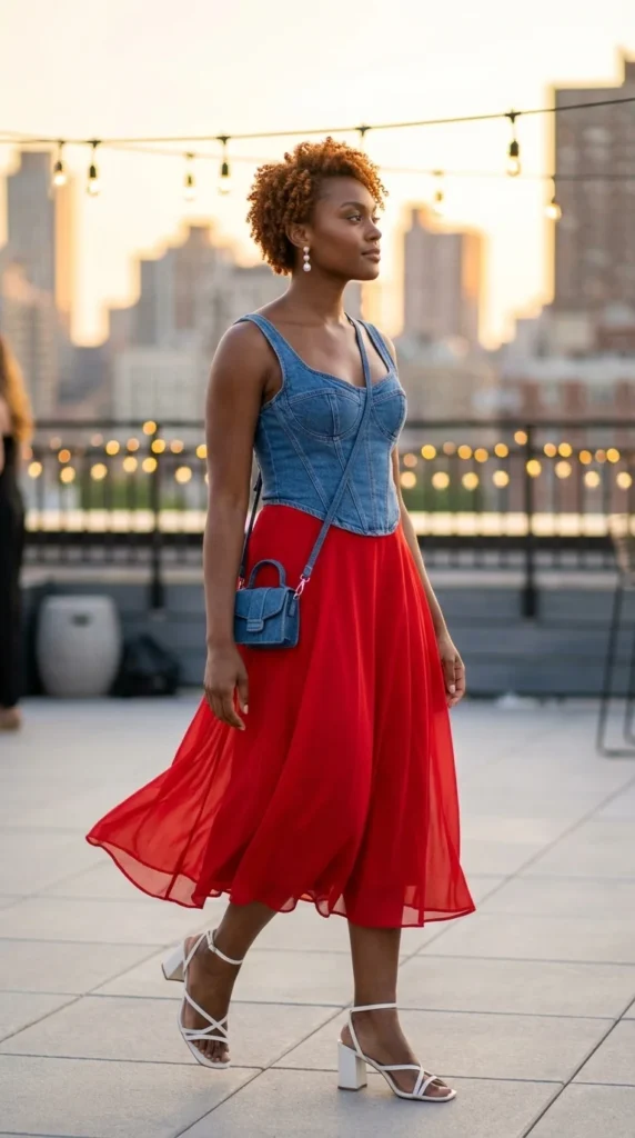 denim corset red skirt Black woman