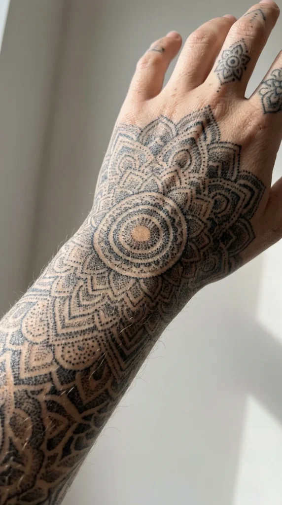dotwork mandala sleeve tattoo