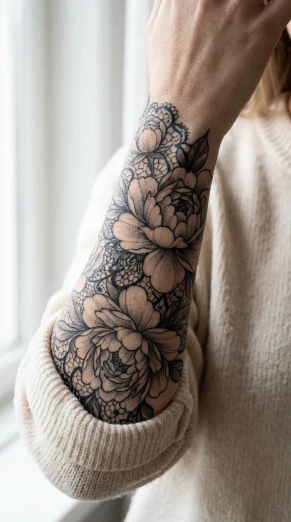 elegant sleeve tattoo women peony lace