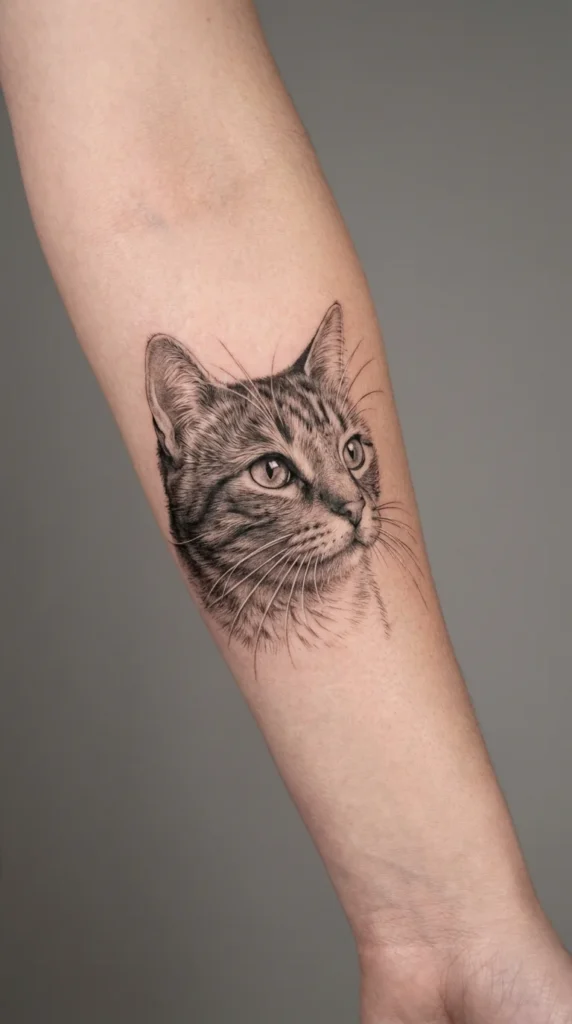 fine line cat portrait tattoo