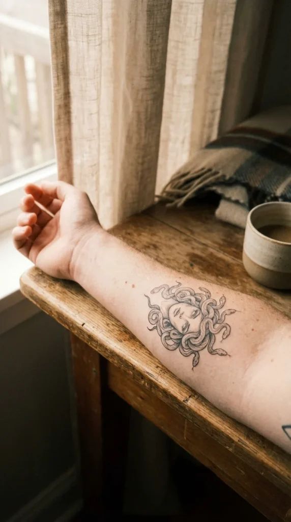 fine line grey Medusa tattoo