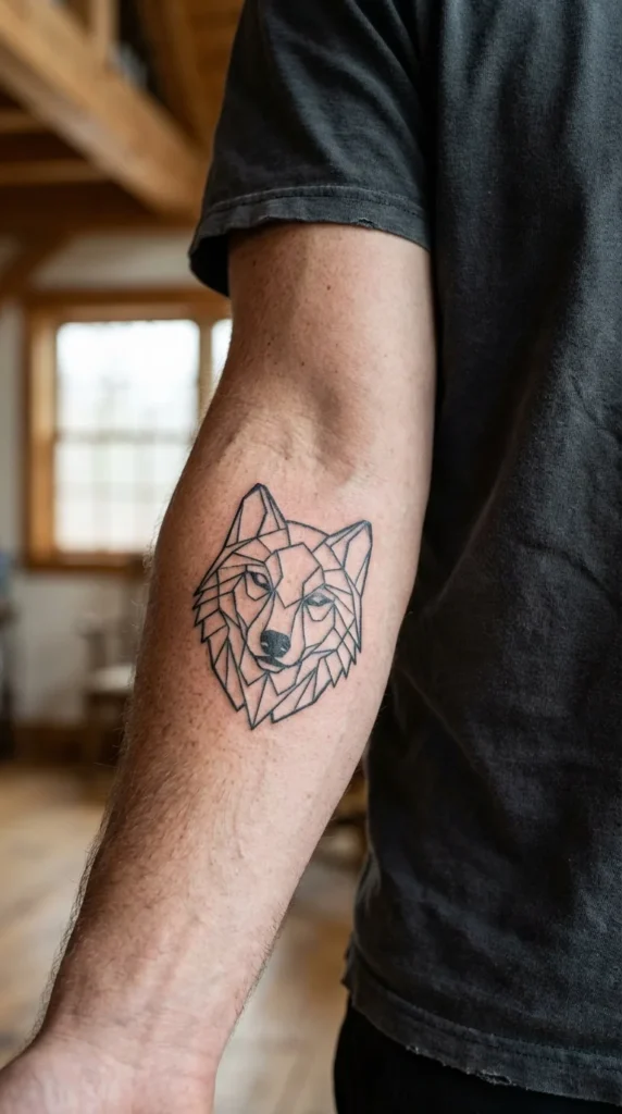 geometric wolf shoulder tattoo men